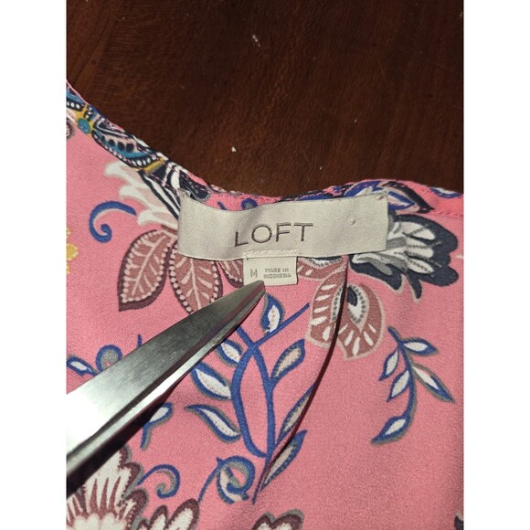 LOFT Tank Top Blouse Women's Medium Pink Floral Paisley Ruffle Sleeveless Boho - Picture 2 of 3